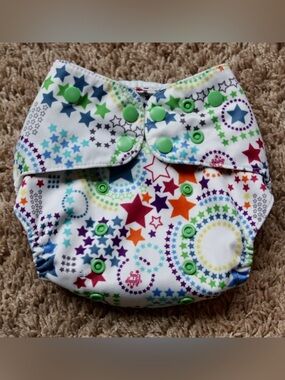Adjustable Multicolor Star Print Diaper Cover with Green Snaps